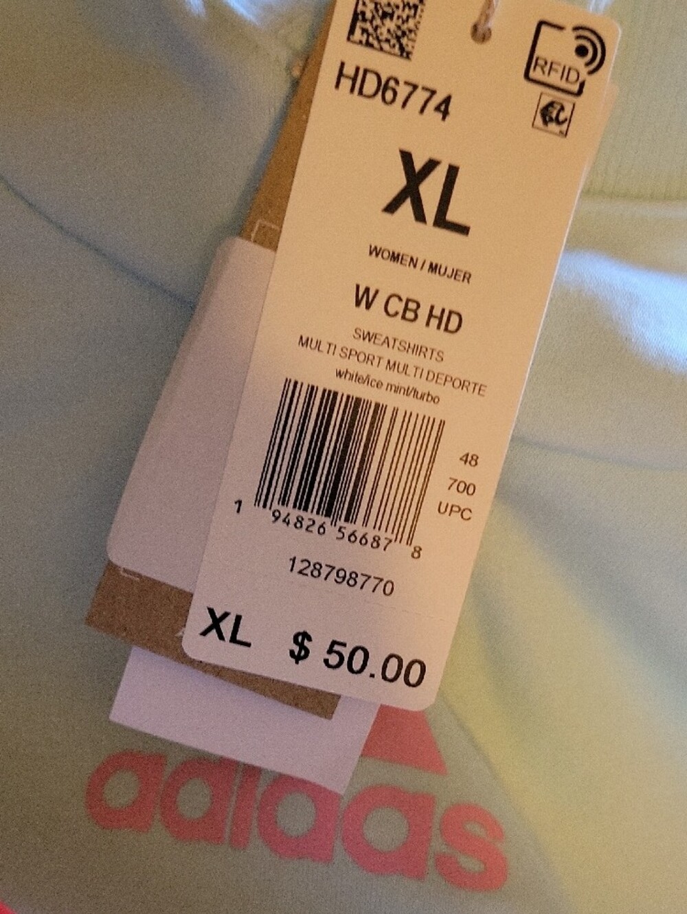 adidas Cropped Hoodie in White and Mint with Coral Accents - Picture 3 of 3